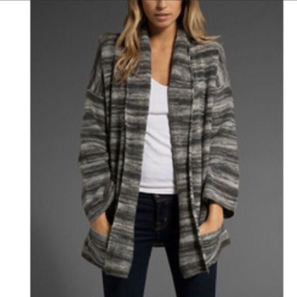 Joie Maisy Grey Space Dyed Striped Drape Front Cardigan Wool Blend - Picture 3 of 6